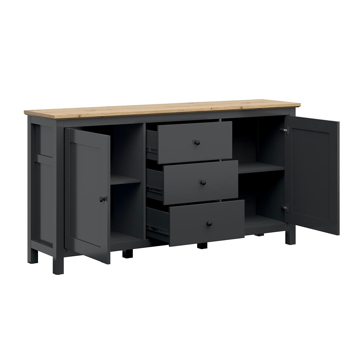 - Buffet 2 portes 3 tiroirs gris anthracite et naturel