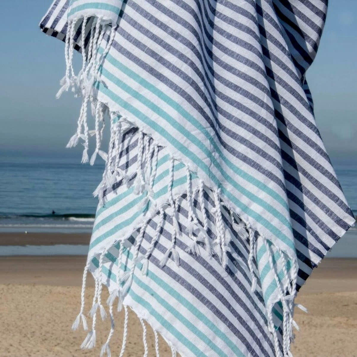 BORA BORA - Fouta coton  100x200 bleu grec / vert turquoise