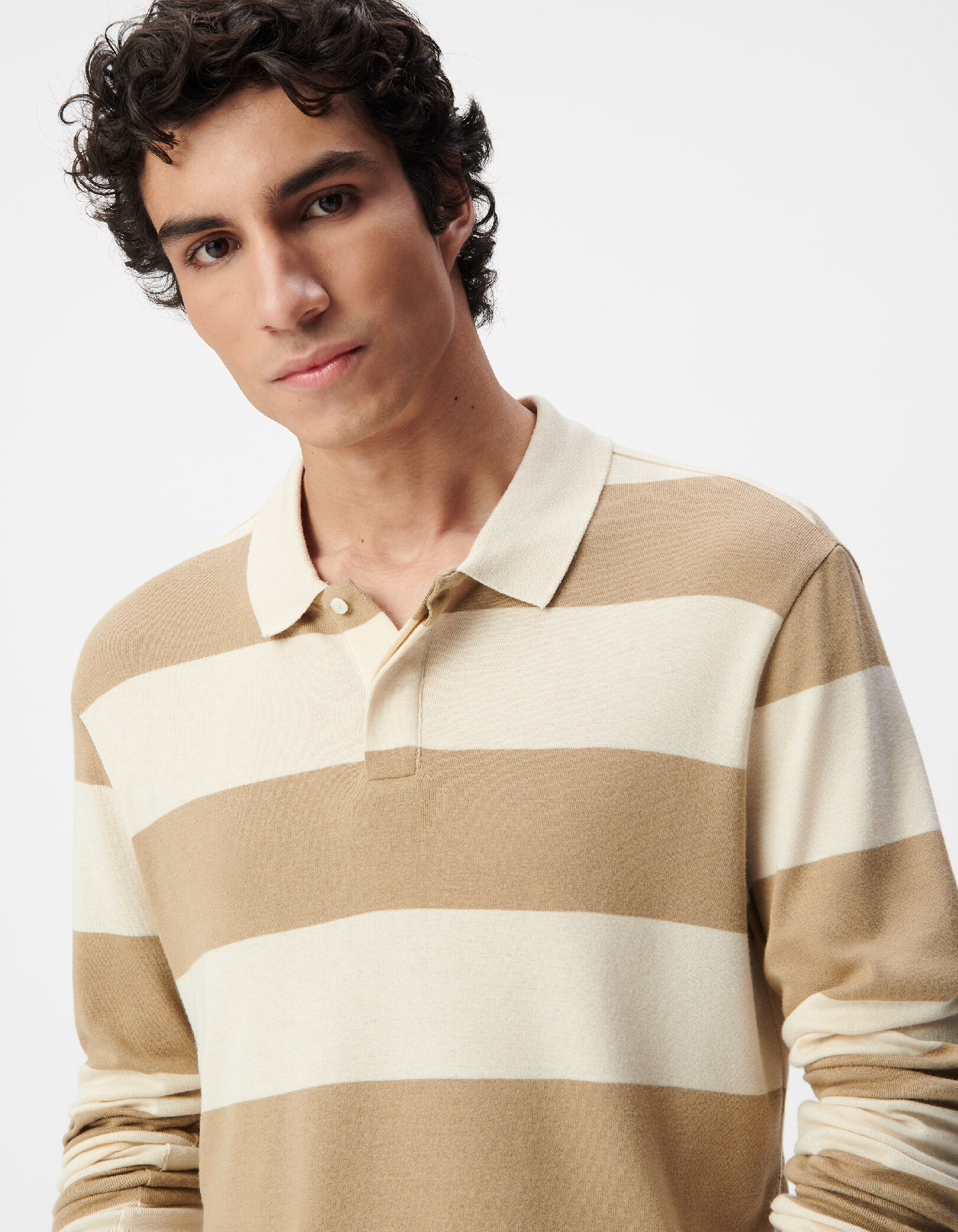 Polo manches longues beige larges rayures Homme