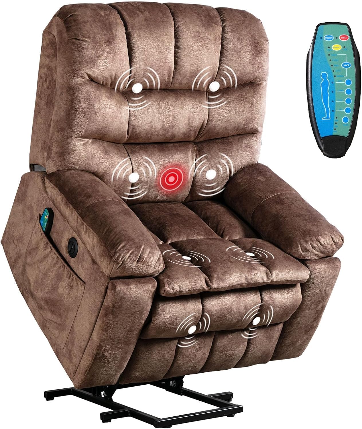 Large Power Lift Recliner with Massage and Heat for Elderly, Heavy Duty & Safety Motion Reclining Mechanism, Ergonomic Electric Wider Chair with USB Port, 2 Hidden Cup Holders (1, Brown)