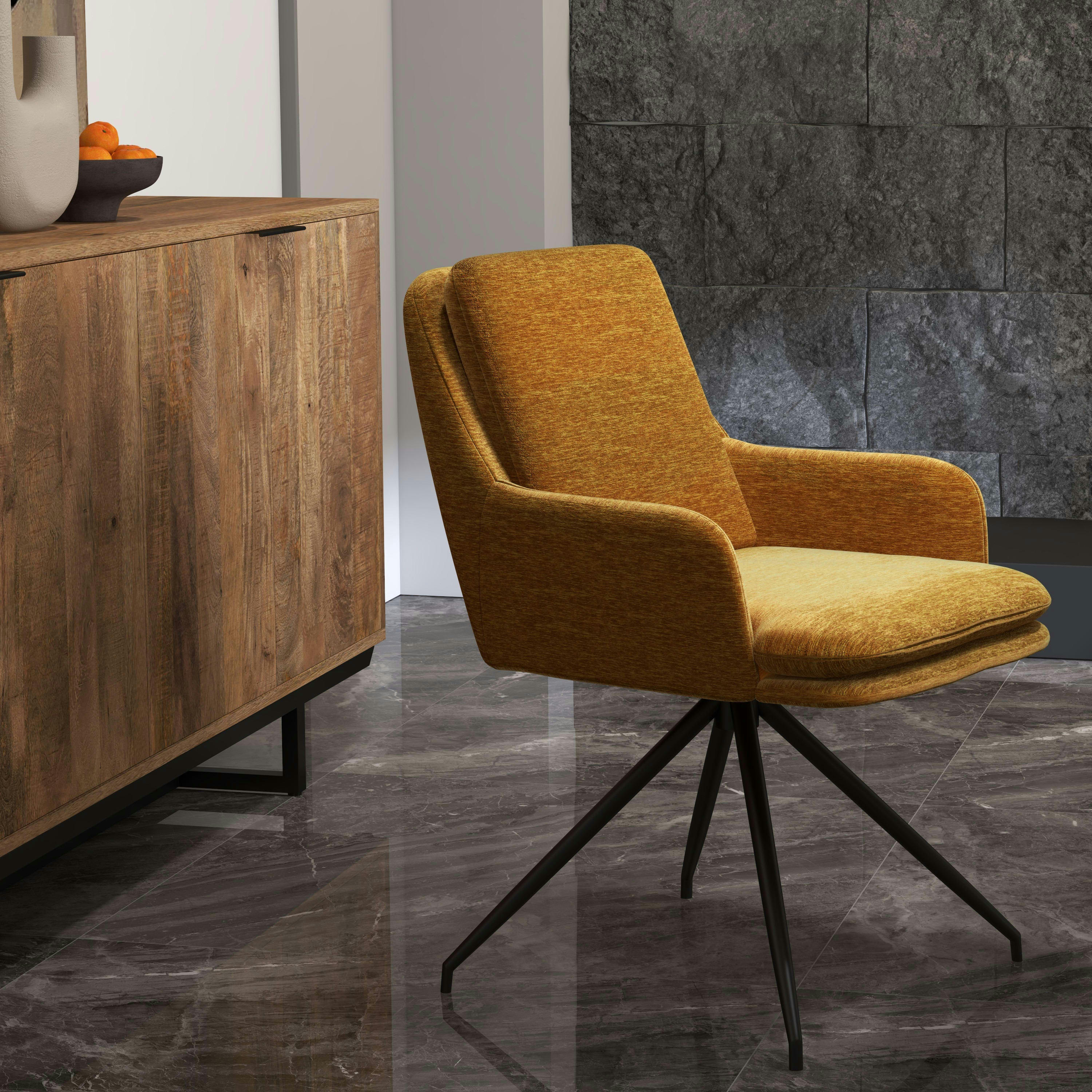 AYDEN - Fauteuil de table en tissu chenillé Moutarde et métal noir