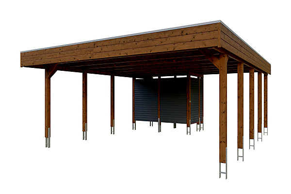 Carport SKAN HOLZ Friesland Hybrid 557x708cm Set 14, avec remise, traitement coloré noyer