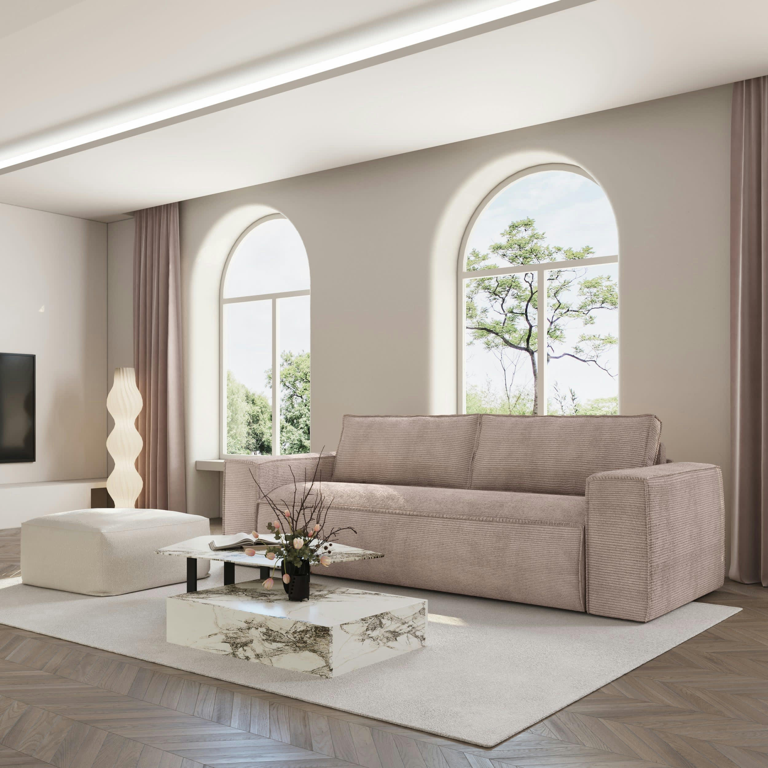 JOAN - Canapé convertible express dunlopillo velours côtelé taupe 140cm