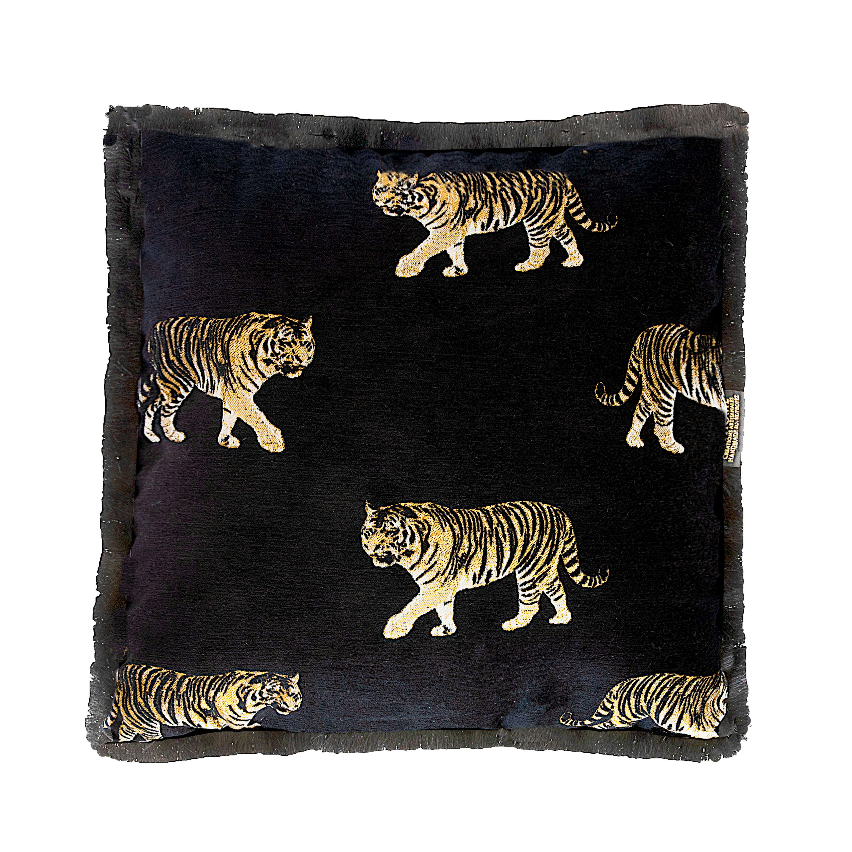 - Coussin velours noir avec tigres brodées et franges