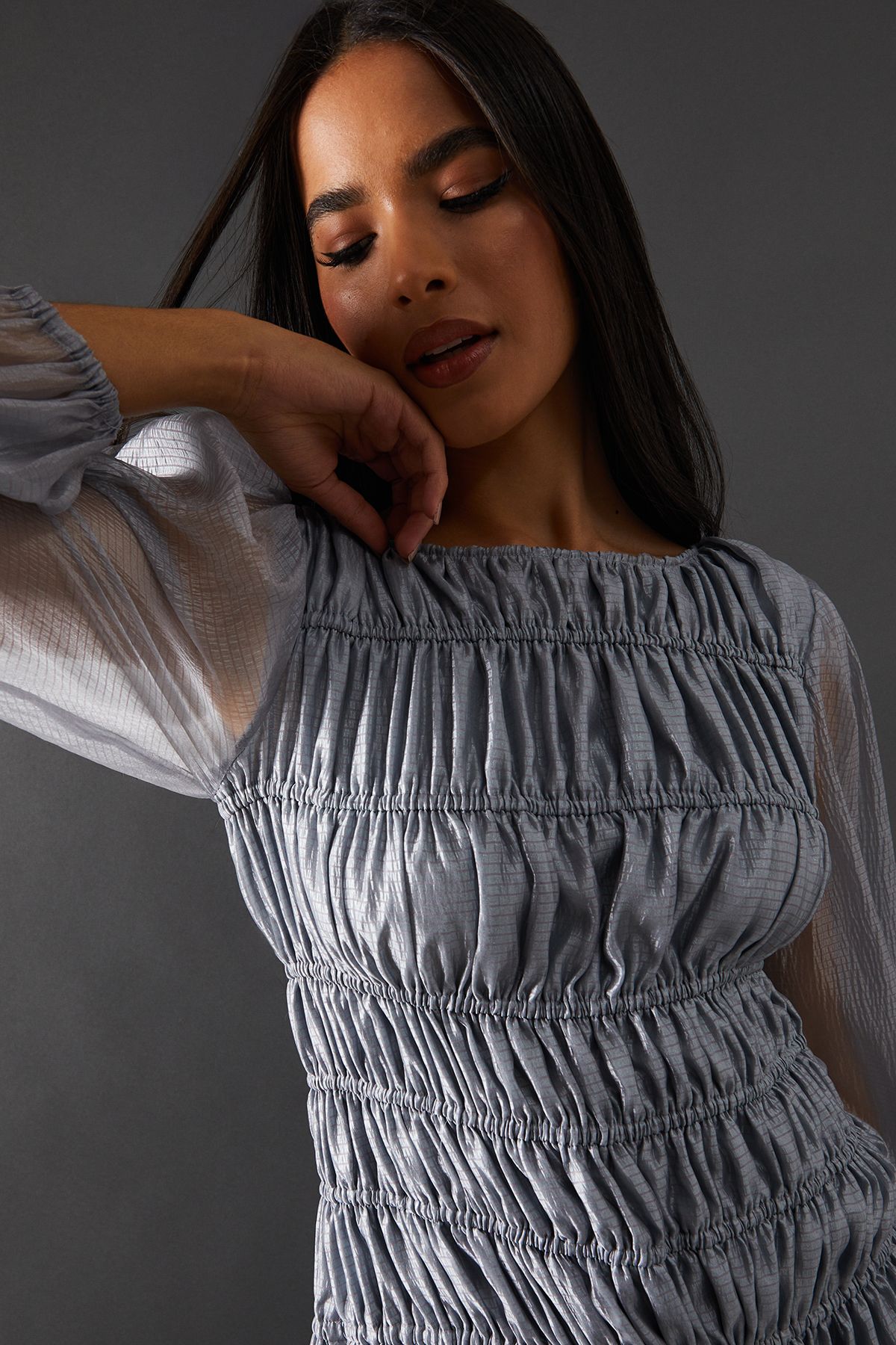Warehouse Shirred Chiffon Panel Bodice Midi Dress
