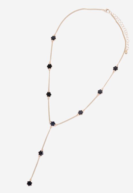 Womens Gold Black Flower Pave Y Necklace
