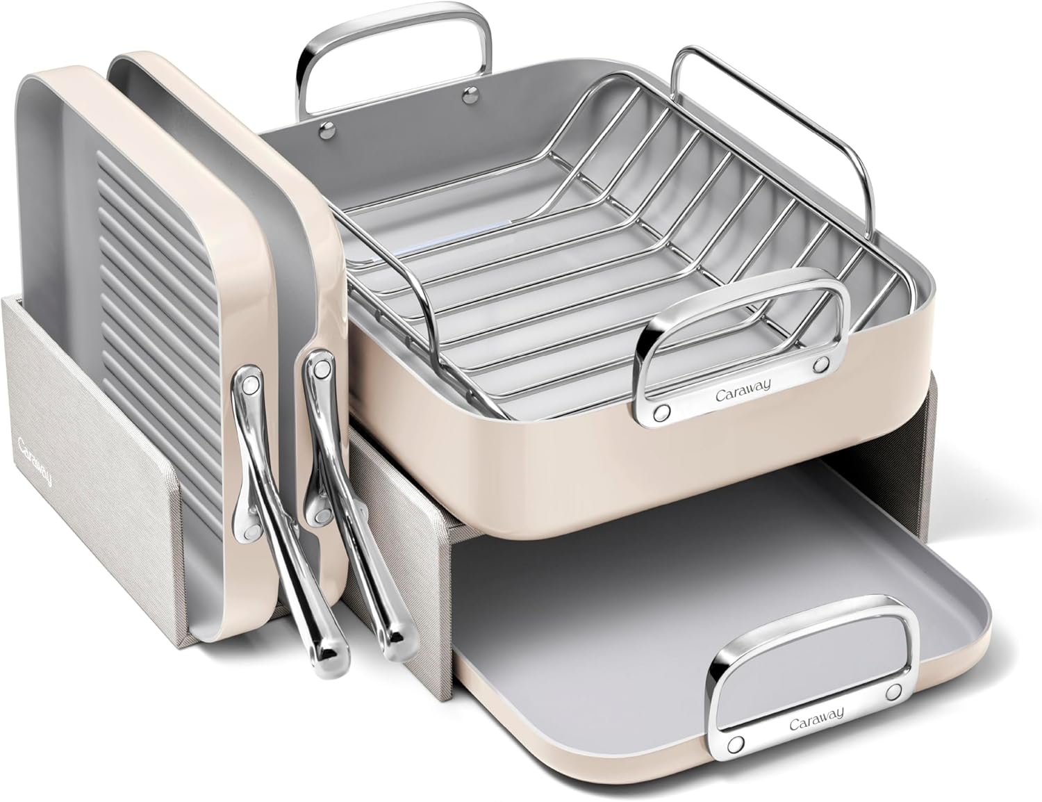 Caraway Square Cookware Set - Square Pans Set - Perfect for Griddling, Toasting, Searing, Roasting, and More - Non-Stick Ceramic Coated Pans - Non Toxic, PTFE & PFOA Free - Cream