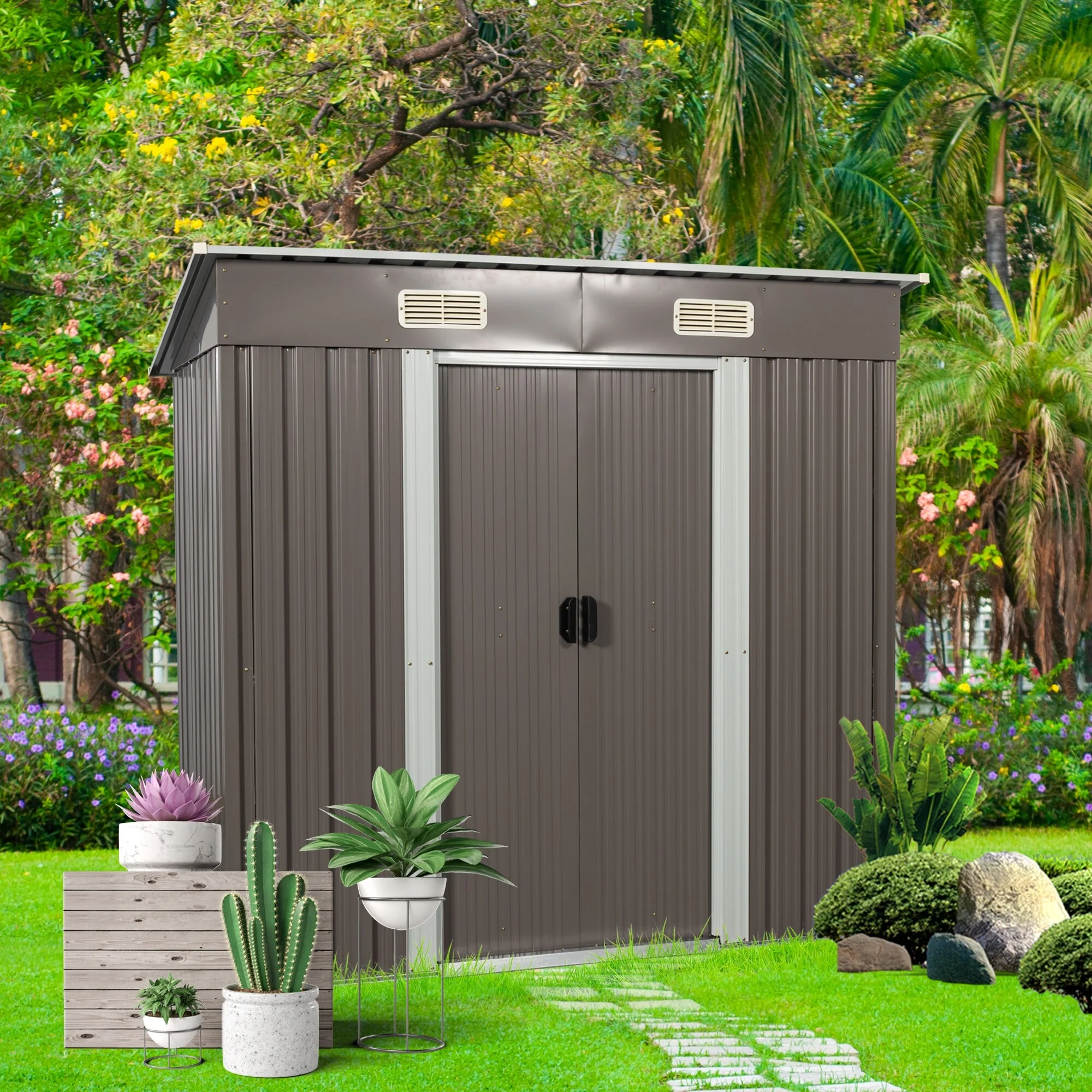 Waterproof Garden Shed Tool Shed with Double Hinged Lockable Doors, Rustproof Storage Shed Punched Vents