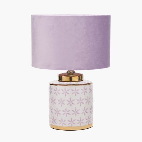 Ruma Lillac and Gold Leaf Ceramic Table Lamp with Blush Velvet Cylinder Shade