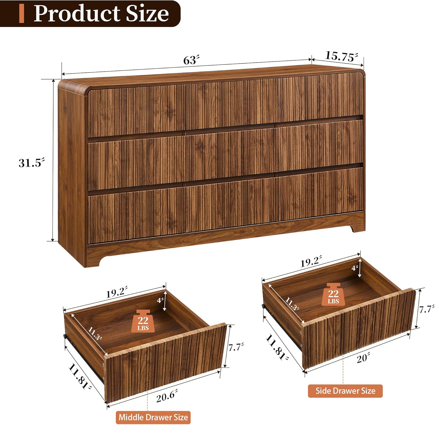 MERRYBERRY Fluted Dresser for Bedroom with 9 Drawers,63 Wide Modern Chest of Drawers with Curved Profile & Deep Drawer,Large Wood TV Dresser for Bedroom Living Room