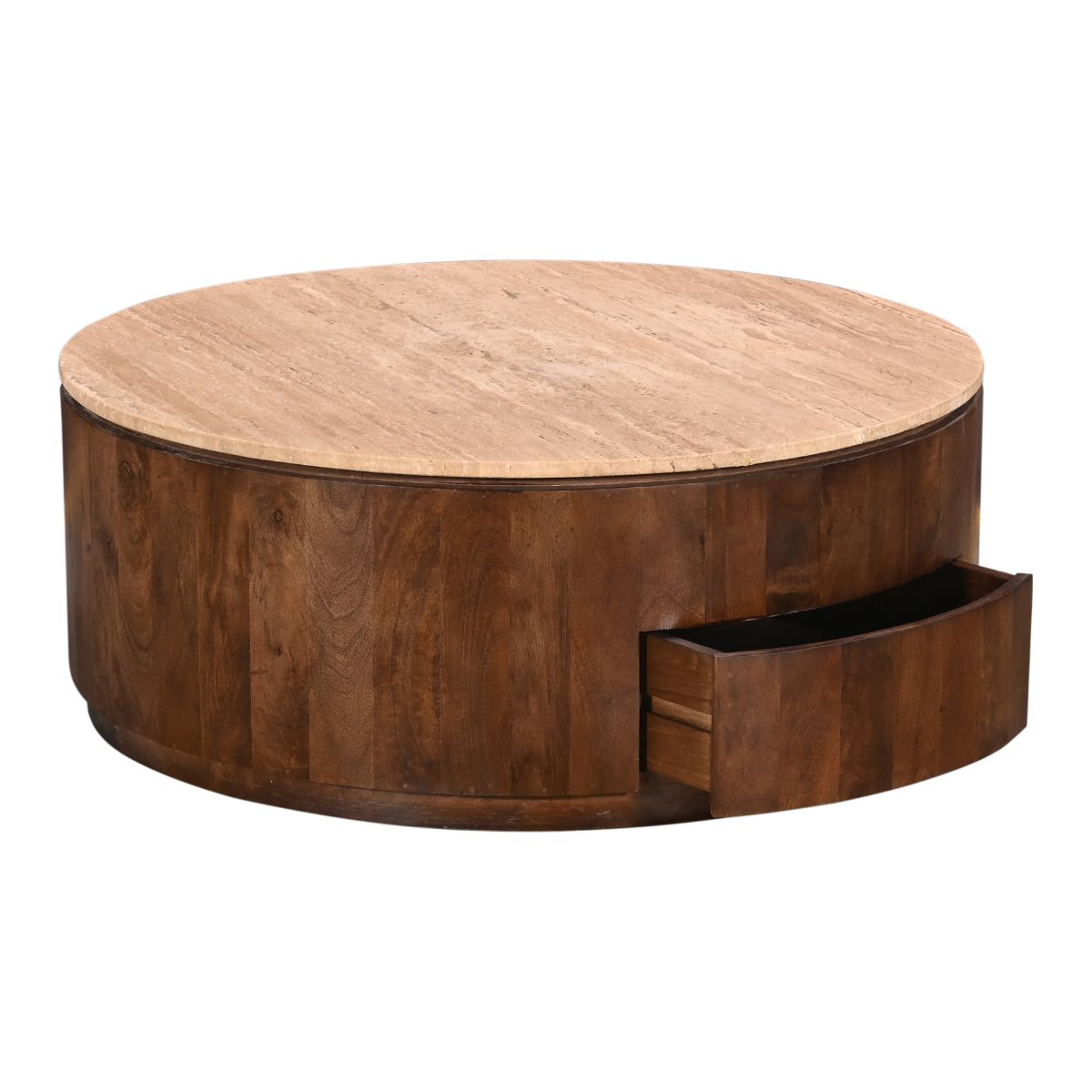 Giga Meubel Salontafel Elan Rond - Travertin - Walnoot - 90x90x35cm - Incl. Lades