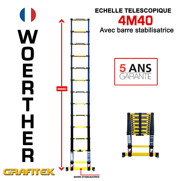 Echelle télescopique professionnelle 4m40 , Marque Woerther Num 1 en France, la plus rigide et stable du marché- Garantie 5 ANS