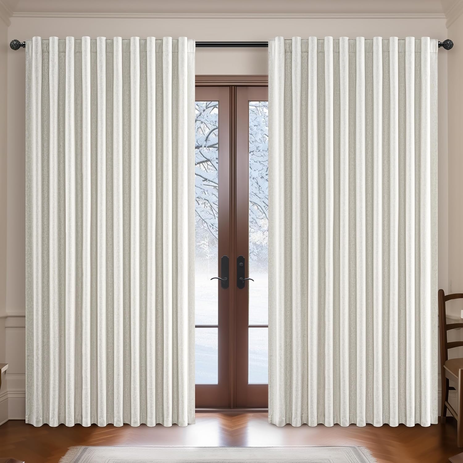 QJmydeco Curtains 100 Inch Length Wide Pleated Blackout Curtain for Sliding Glass Door/Living Room, Farmhouse Birch Linen Thick Boho Bedroom Heavy Insulated Large Window Drapes (100 Wx90 Lx2Panels)