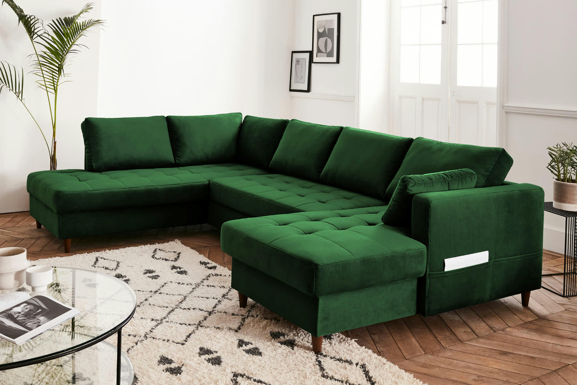 ANNA - Canapé panoramique 7 places angle gauche en velours vert