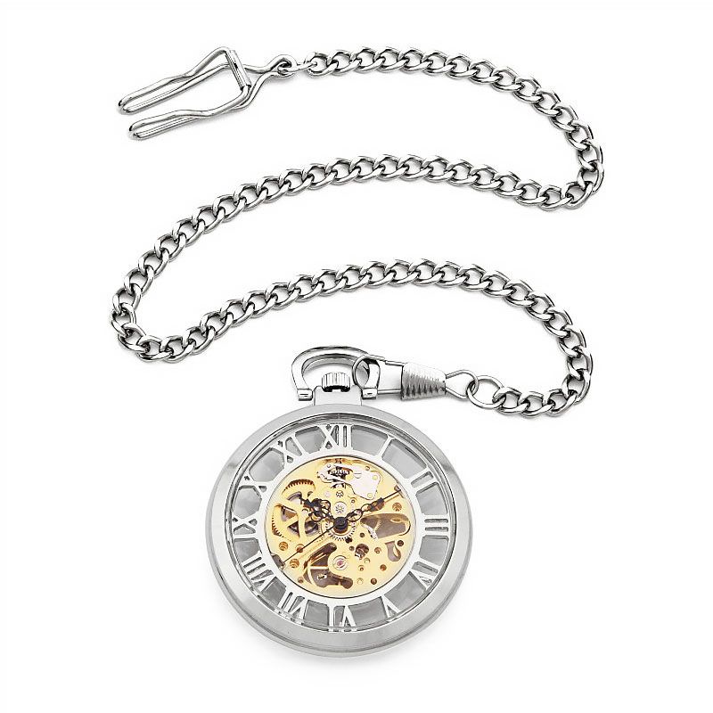 Infinity Leather Open-Face Alloy Mechanical Skeleton Pocket Watch