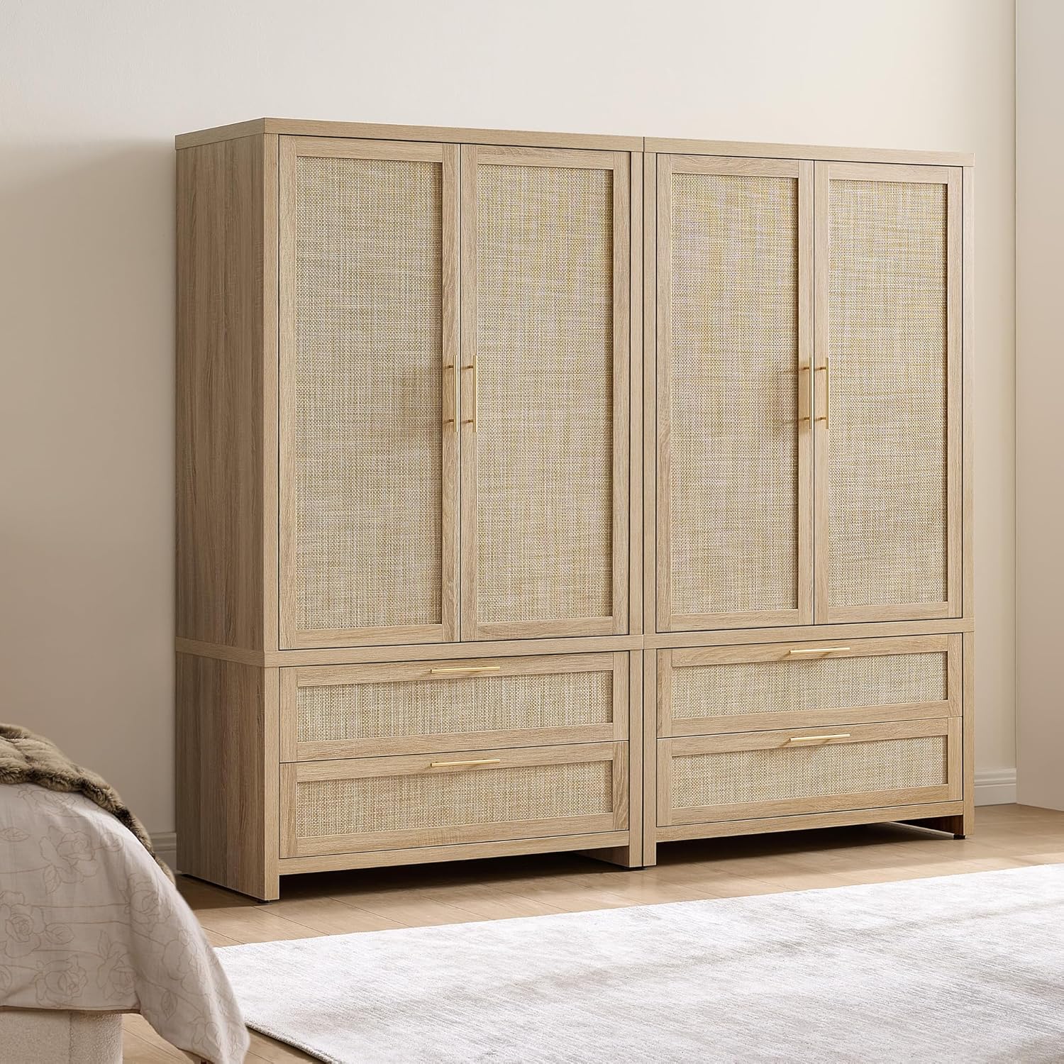 SICOTAS Larger Armoire Wardrobe Closet, 71 Tall Rattan Freestanding Wardrobe Closet Cabinet with Storage and 2 Drawers, Boho Armoire Clothes Organizer with Hanging Rod for Bedroom, Light Oak (2 PCS)