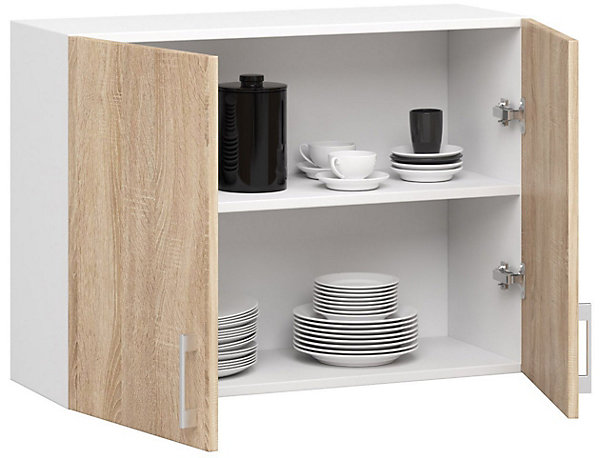 Meuble de cuisine suspendu : 2 portes, 2 étagères, blanc / Chêne Sonoma, 80 x 58 x 30,5 cm