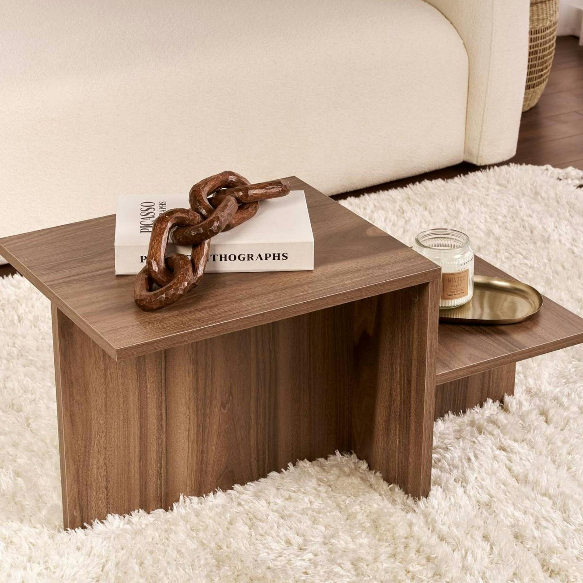 Table basse moderne effet bois de noyer - 2 niveaux MARFA