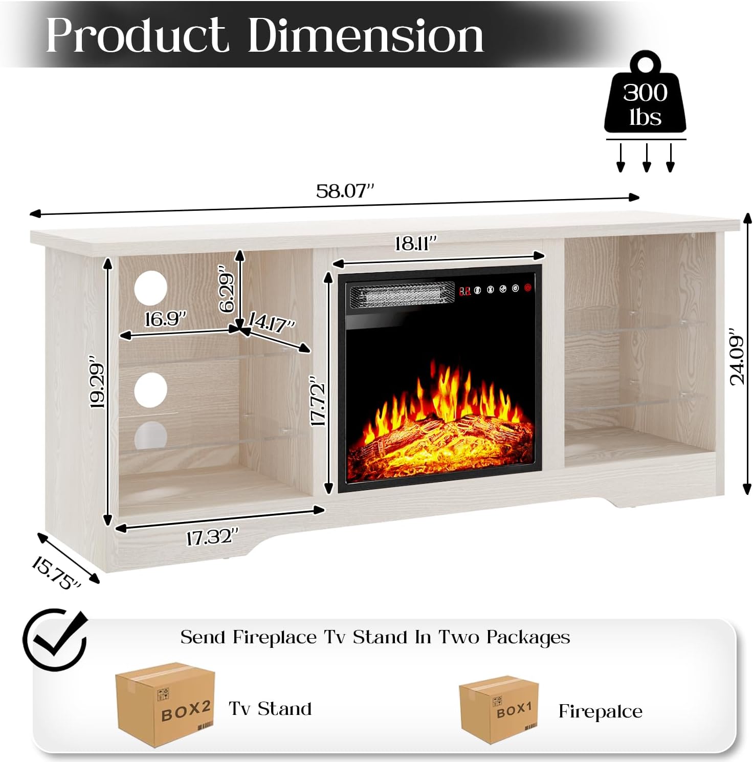 VITESSE 58 Inches Fireplace TV Stand for TVs up to 65 Inches Console with 18'' Electric Fireplace & Remote,Wooden Modern Entertainment Center for Living Room with LED Light Glass Shelves（Bei）