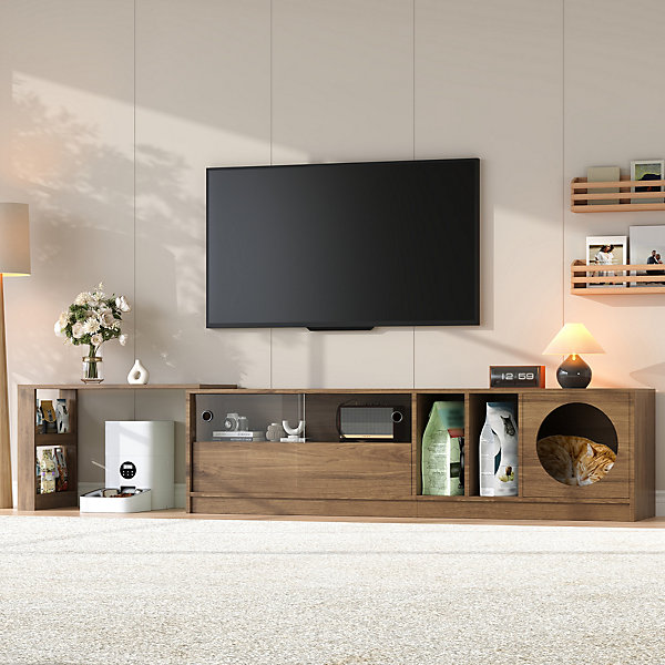 Meuble TV Rotatif avec Espace Chat Intégré et Rangement, Portes en Verre Trempé, MDF   Verre, 180 ( 80)x40x50 cm, Bois Noyer