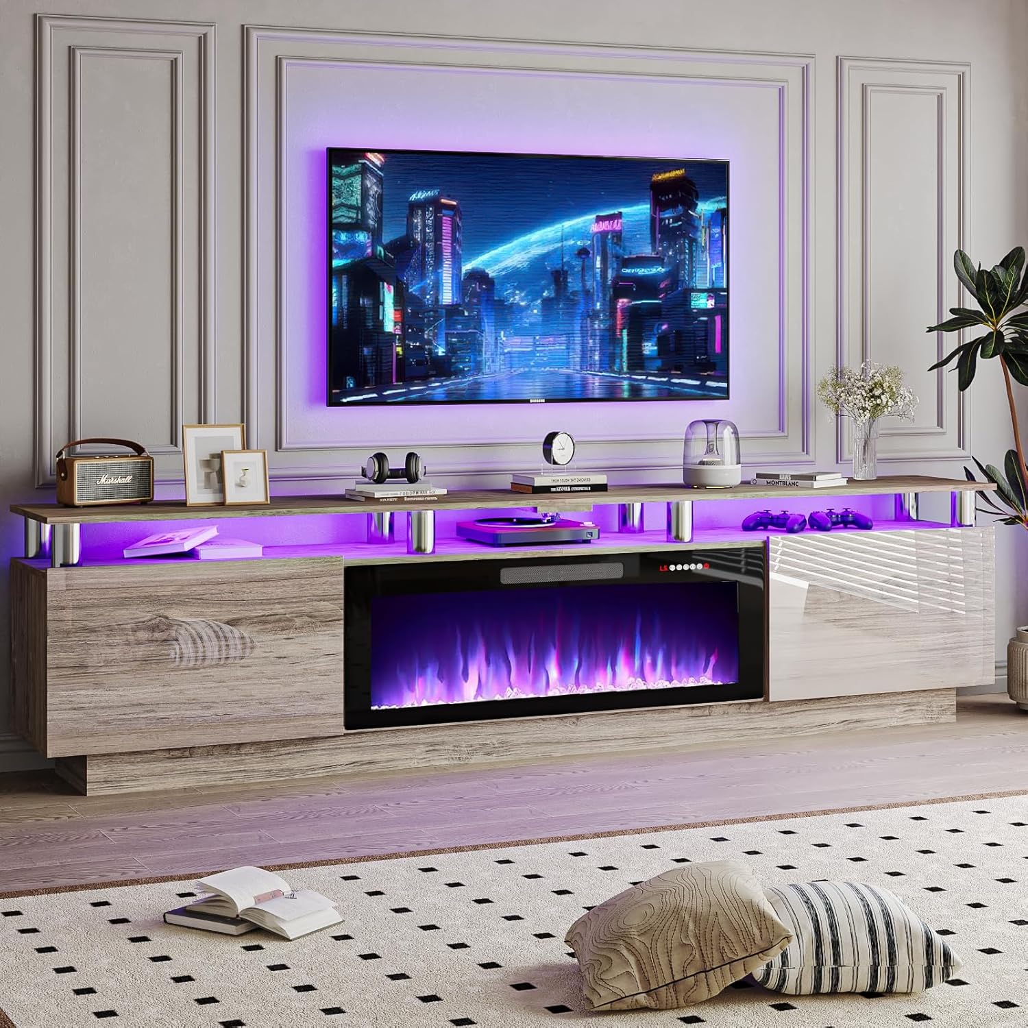 80 Modern Fireplace TV Stand with 36 Electric Fireplace for TVs Up to 90 inch, Luxury LED Light Entertainment Center with High Gloss Cabinet, TV Consoles for Living Room, Grey