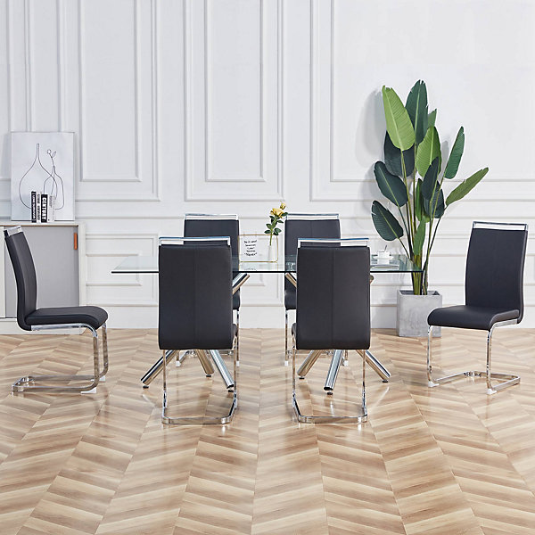 Chaise Cantilever - Chaise de Salle à Manger Rembourrée avec Piètement Luge Chrome, PU Noir, 4 Pièces