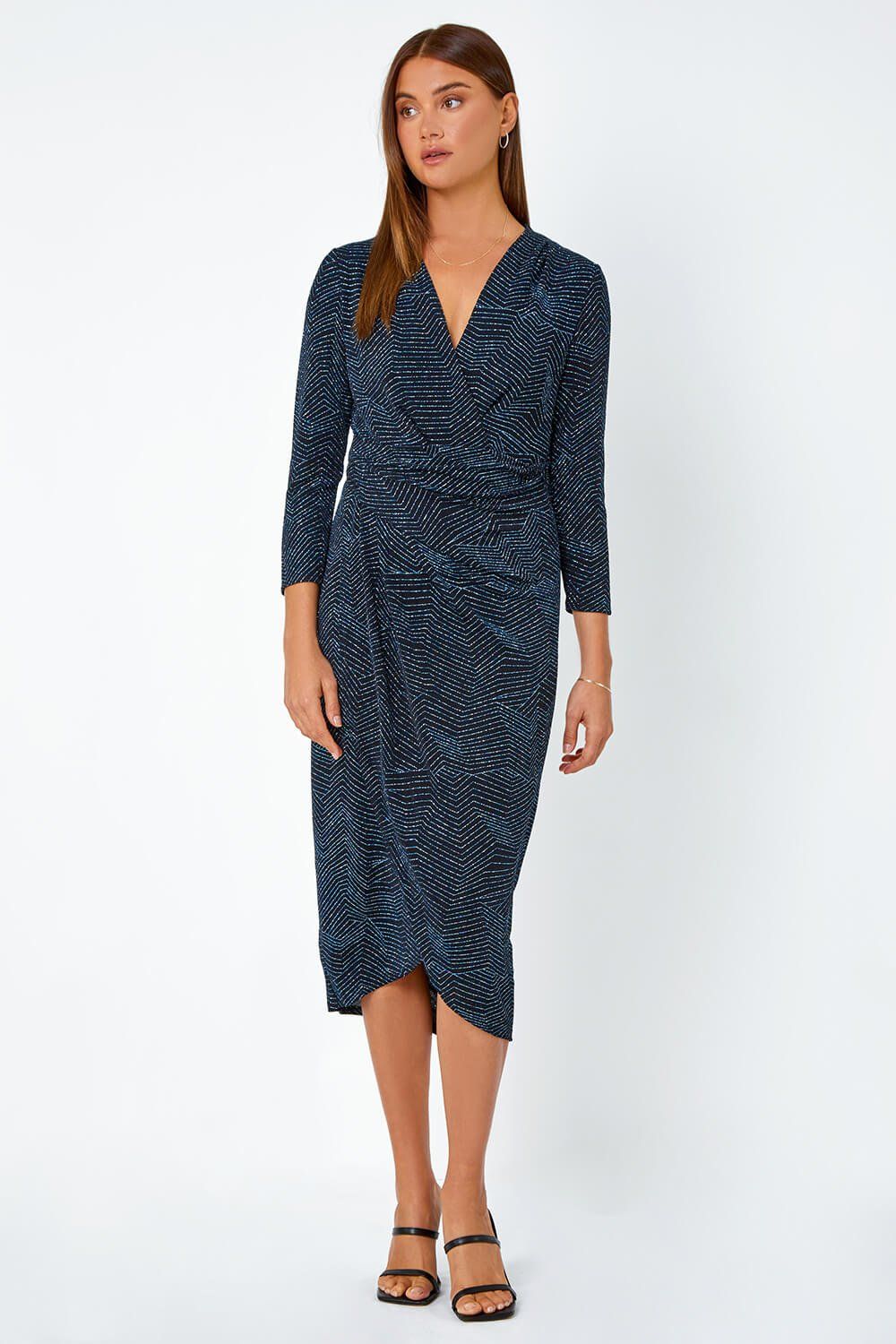 Roman Glitter Print Stretch Wrap Midi Dress