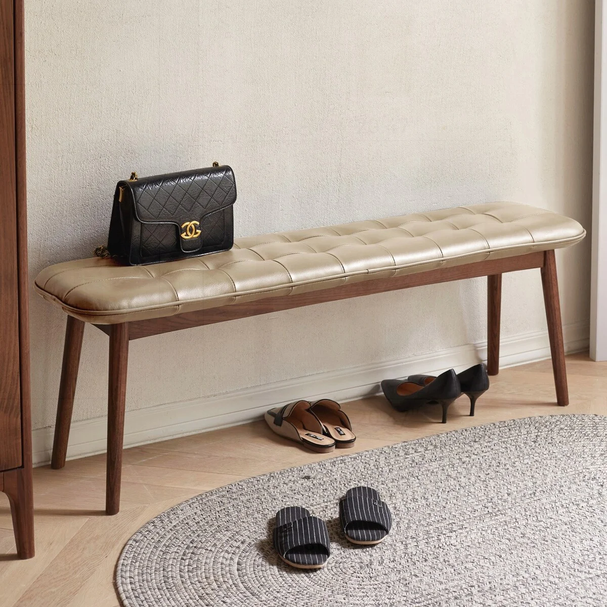 Versatile Oak Wood Bench with Leather Cushion for Various Rooms