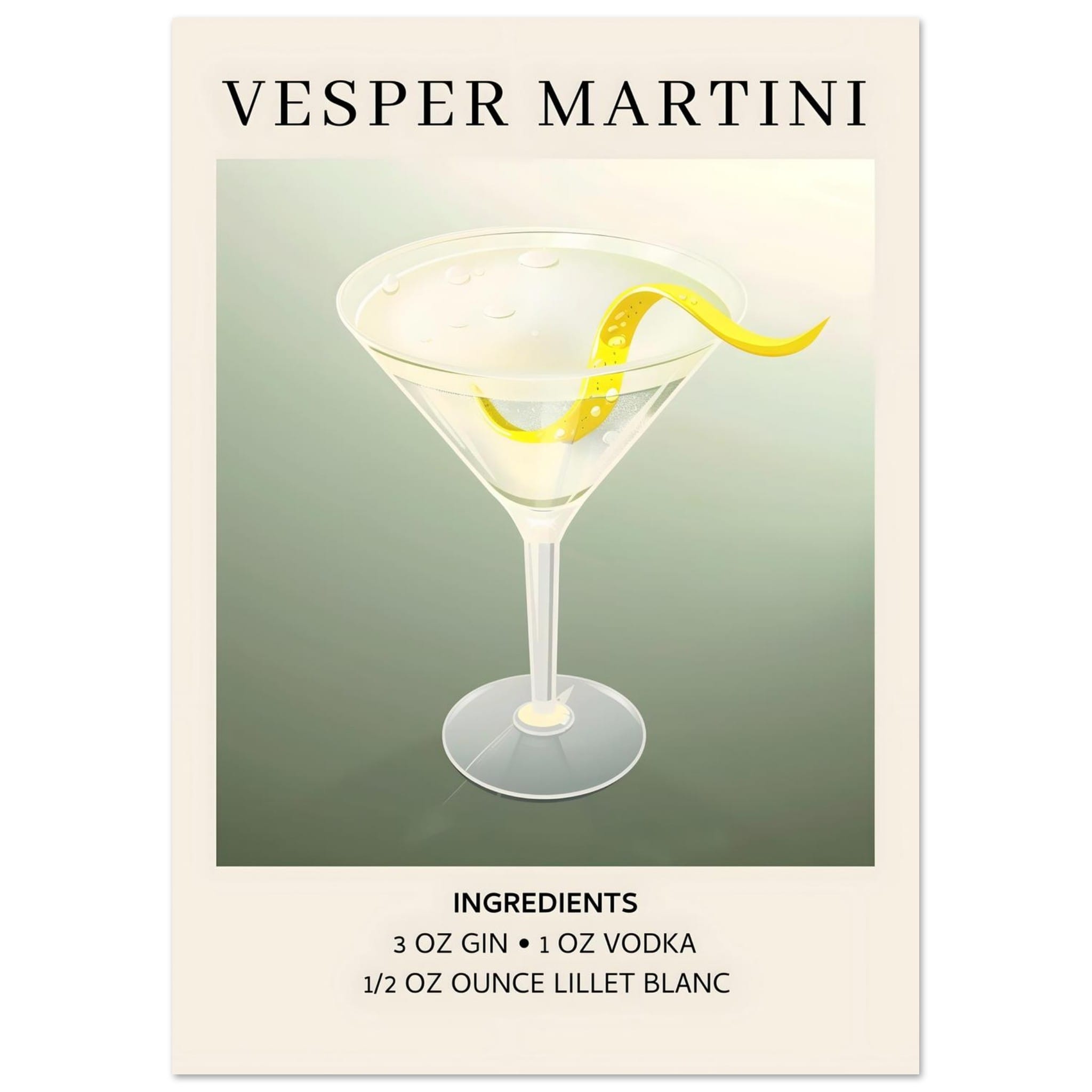 Artfulprints Poster Vesper Martini cocktail - Ingrediënten  - A4 21x29.7 cm - Grijs