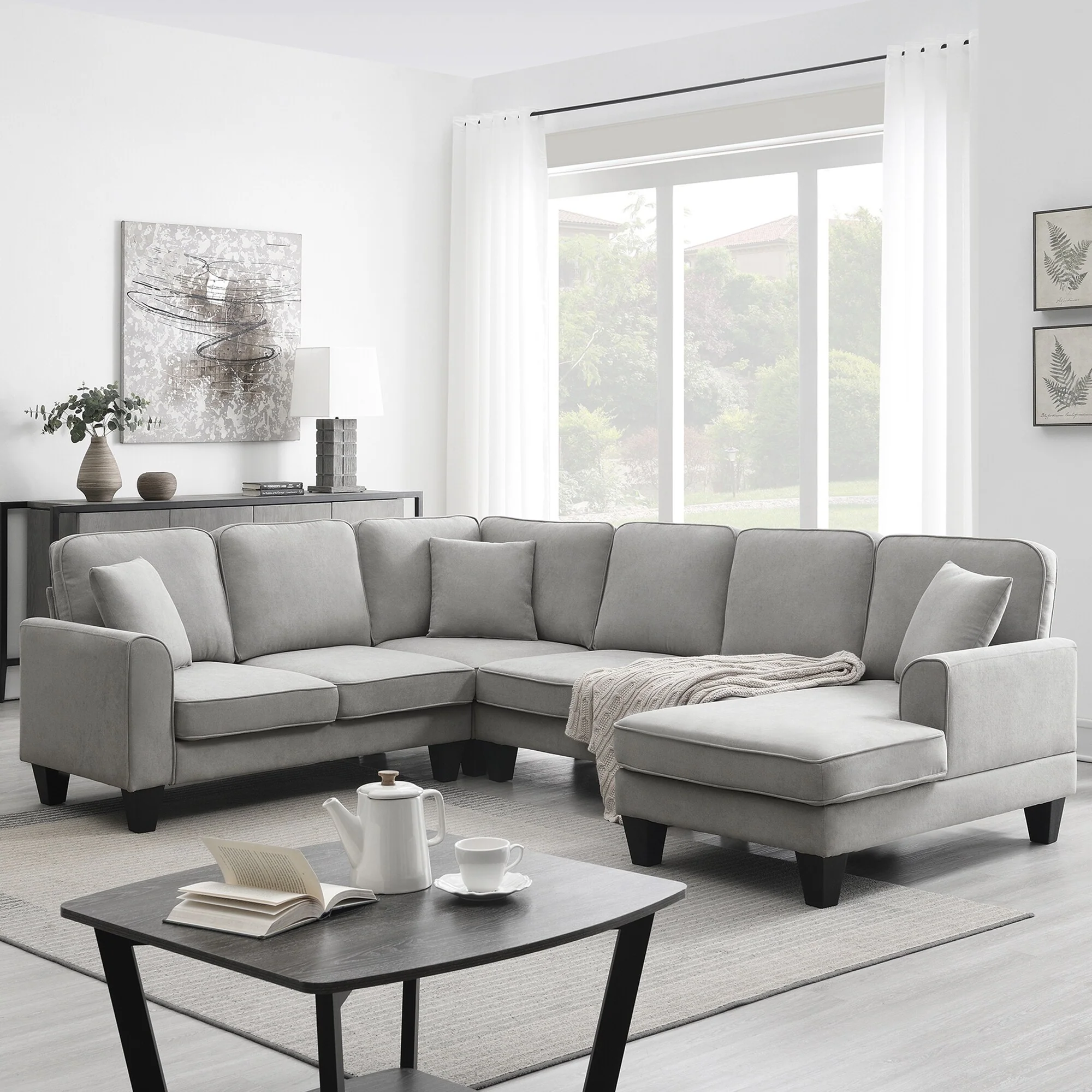 108 Modern U-Shaped 7-Seater Sectional Sofa Set with 3 Accent Pillows