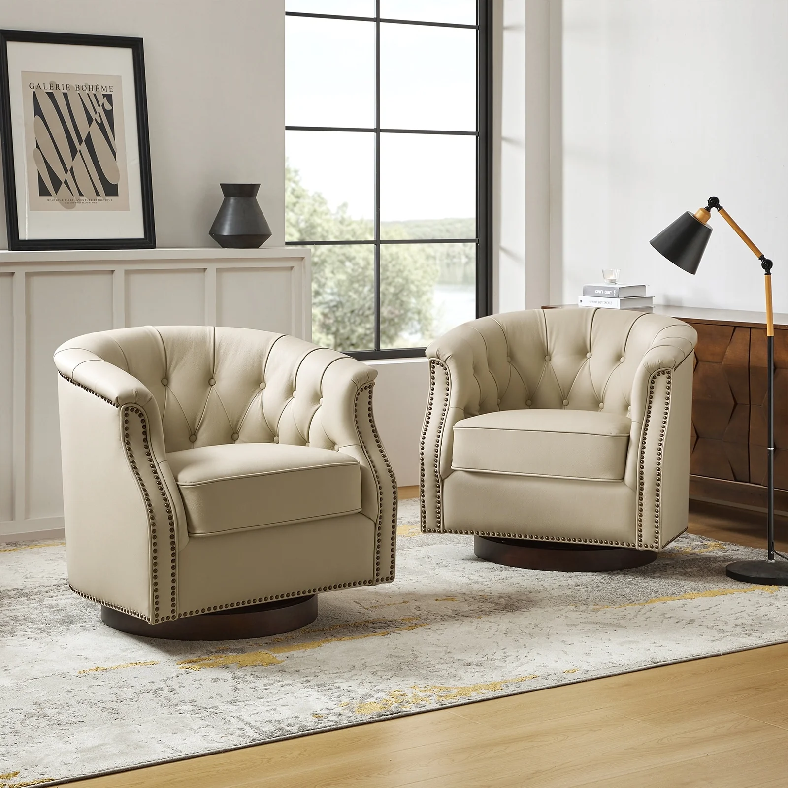 Max Traditional Chesterfield Rocker and Swivel Genuine Leather Chair with Nailhead Trims(Set of 2)