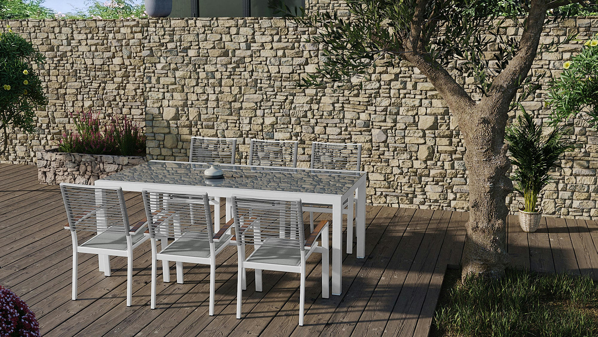 MAGNOLIA - Set de repas 6 personnes en acier et table en verre gris/blanc