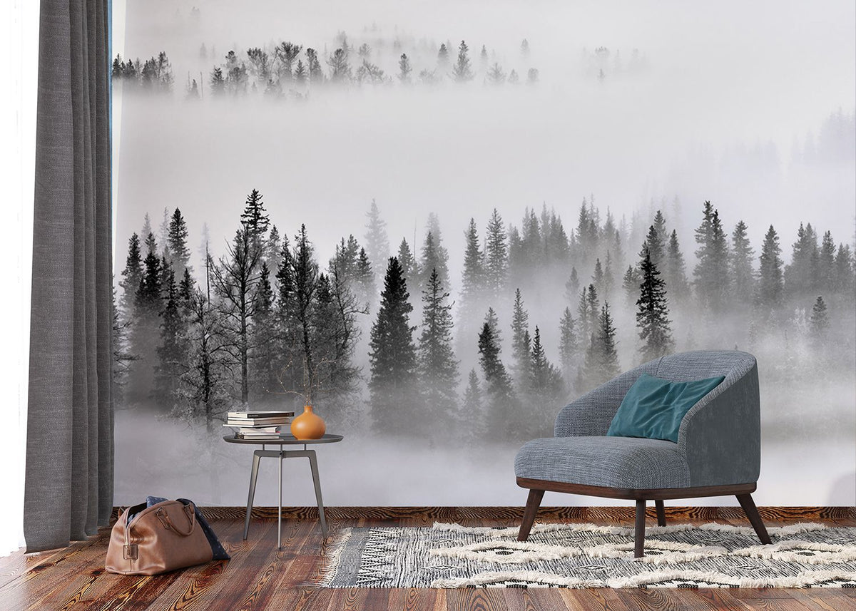 Sanders & Sanders fotobehang berglandschap met bomen zwart, wit en grijs - 375 x 270 cm - 601013