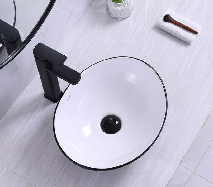 Umywalka matowa nablatowa ceramiczna biało czarna owalna