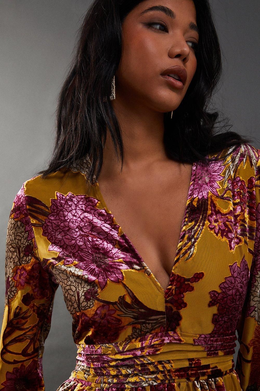 Warehouse Burnout Velvet Plunge Neck Waisted Midi Dress