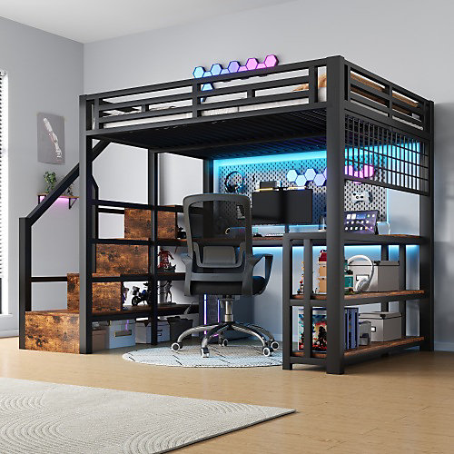 Lit mezzanine 140x200 cm avec LED - avec penderie et bureau - 2 ports USB   1 port Type-C - noir (matelas non inclus)