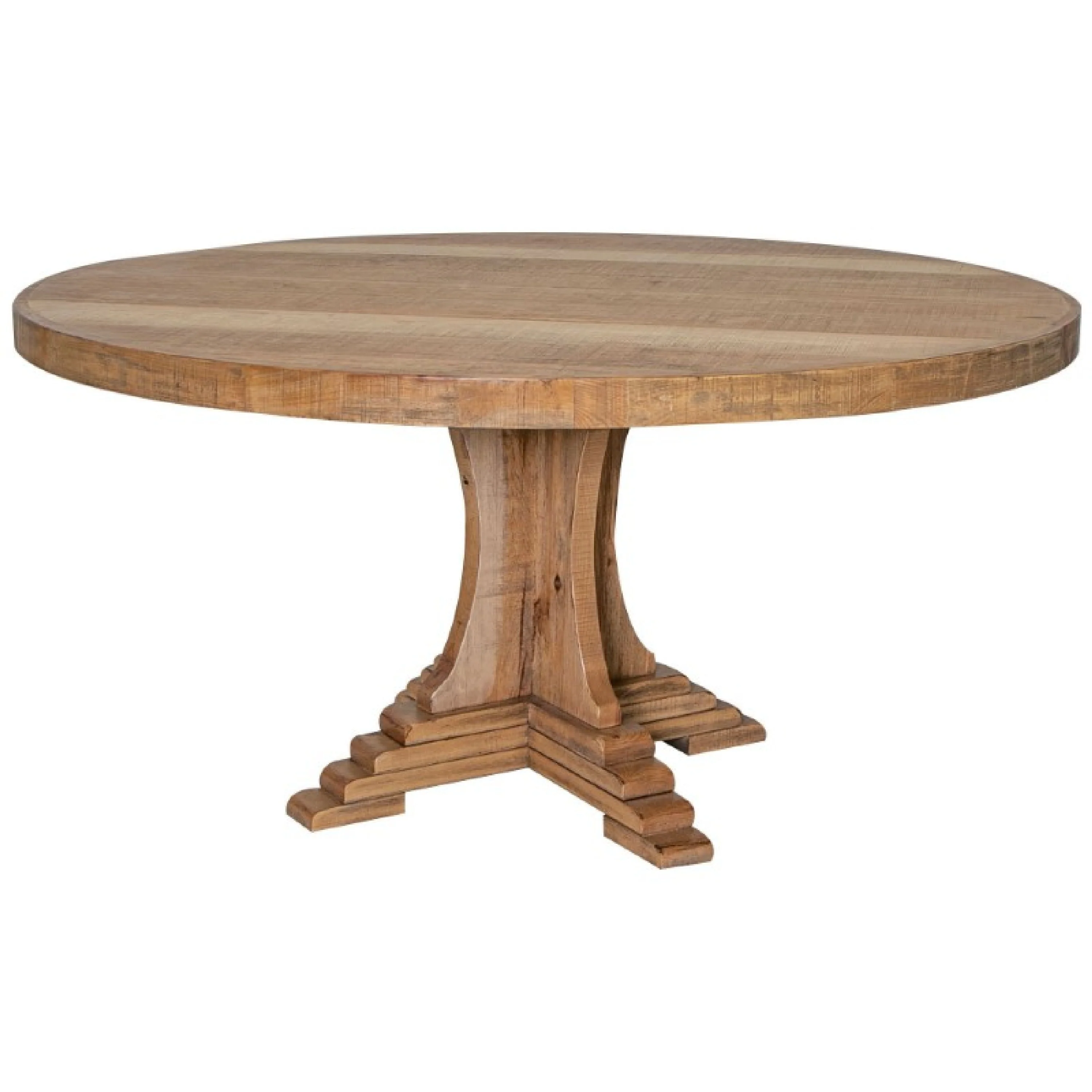 Ebb Dining Table, 60 Inch Round Top, Trestle Base, Brown Pine Wood