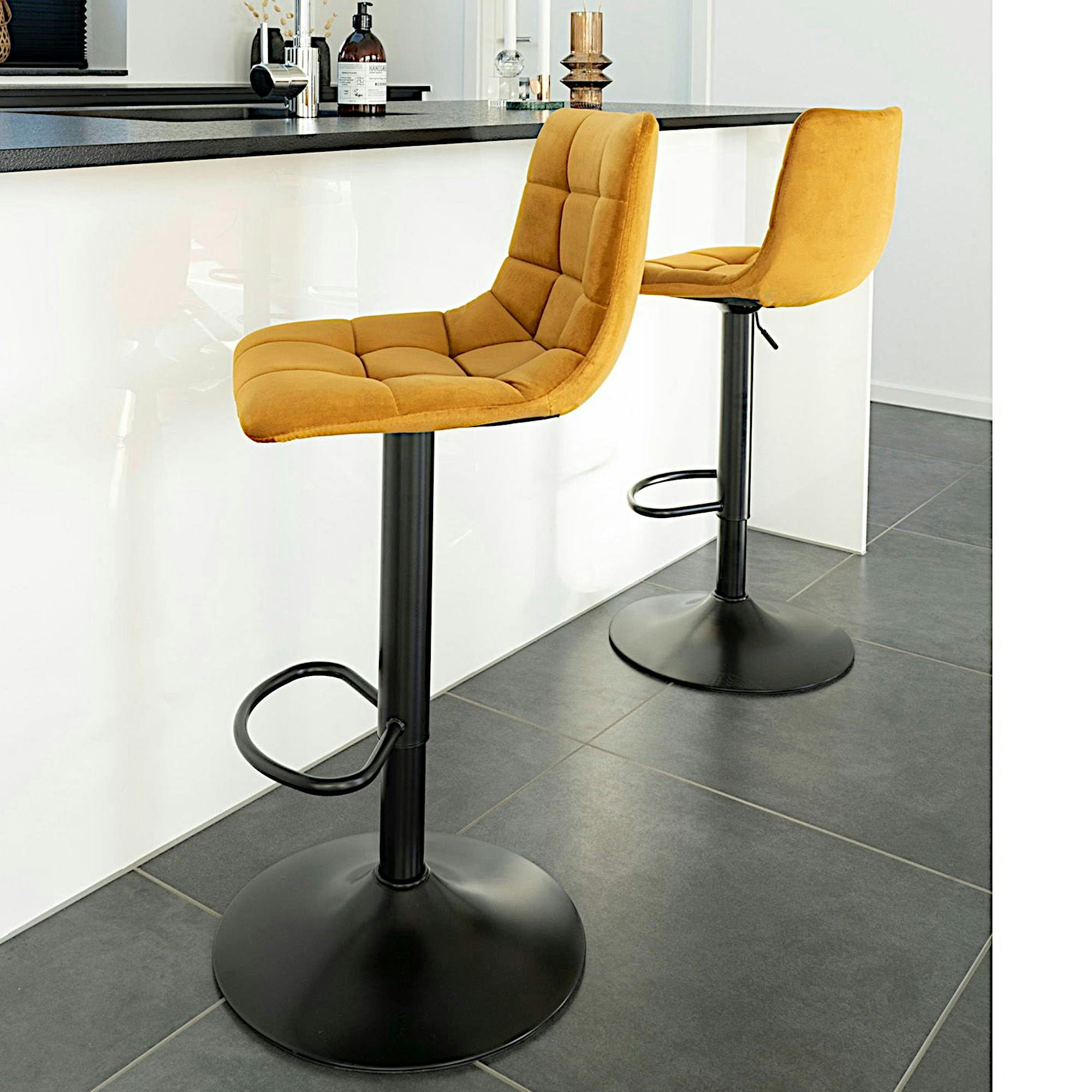 Tabouret de bar réglable en hauteur et pivotant, velours moutarde (lot de 2) SAVONE