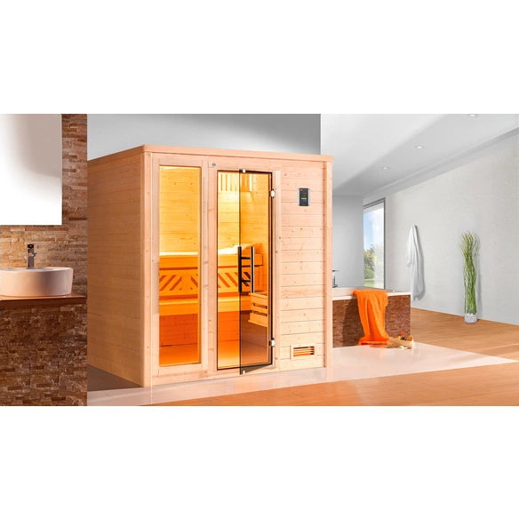 Massivholzsauna »BERGEN 1.8«, 6 Personen, inkl. 5,4 kW Ofen mit integrierter Steuerung