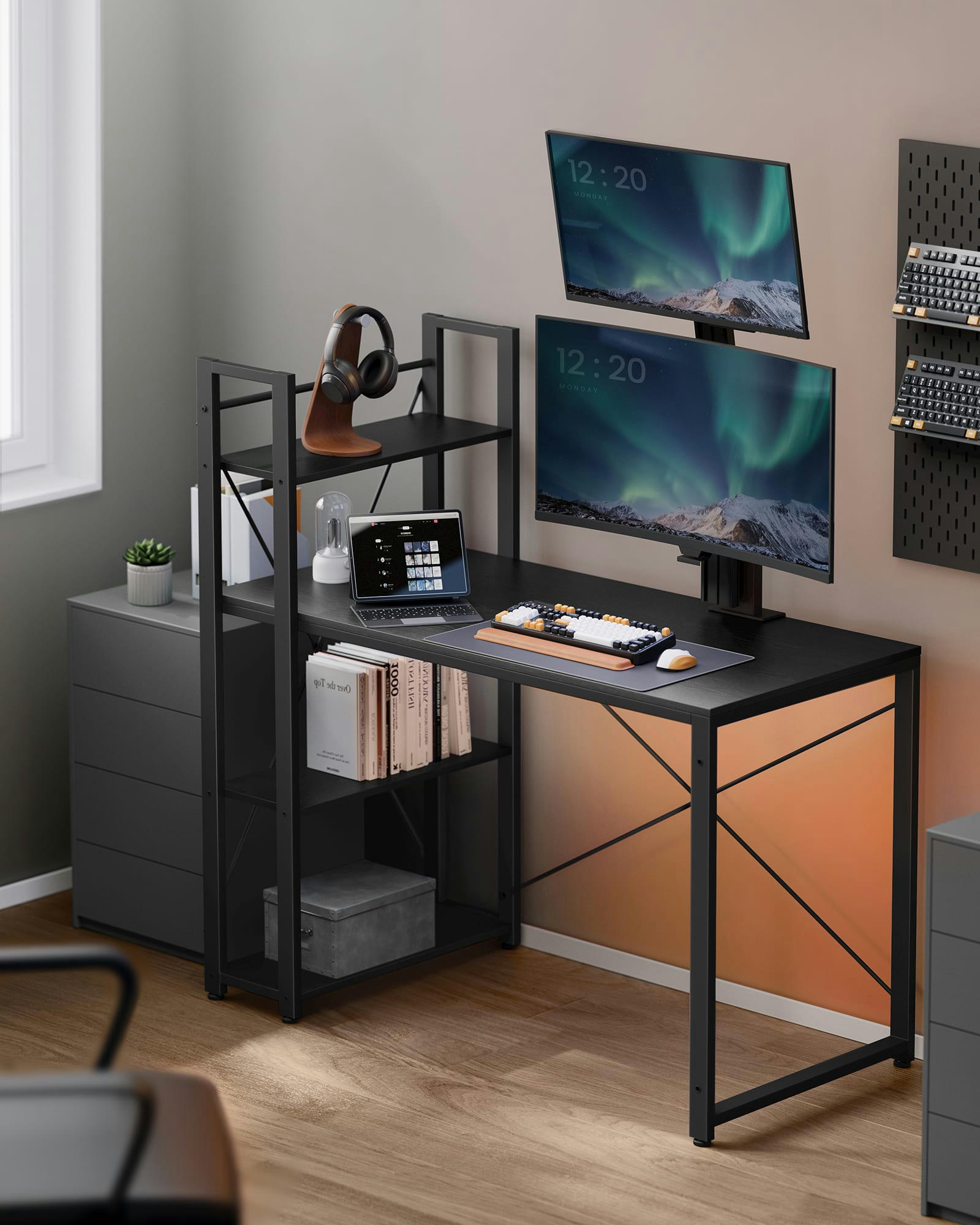 - Bureau 120 cm avec étagère effet bois noir