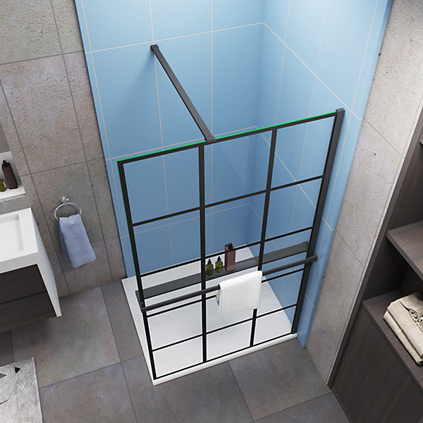 Paroi de douche italienne noir 90x200 cm verre coloré 8mm anticalcaire   étagère alu 90 cm   barre fixation 90 cm