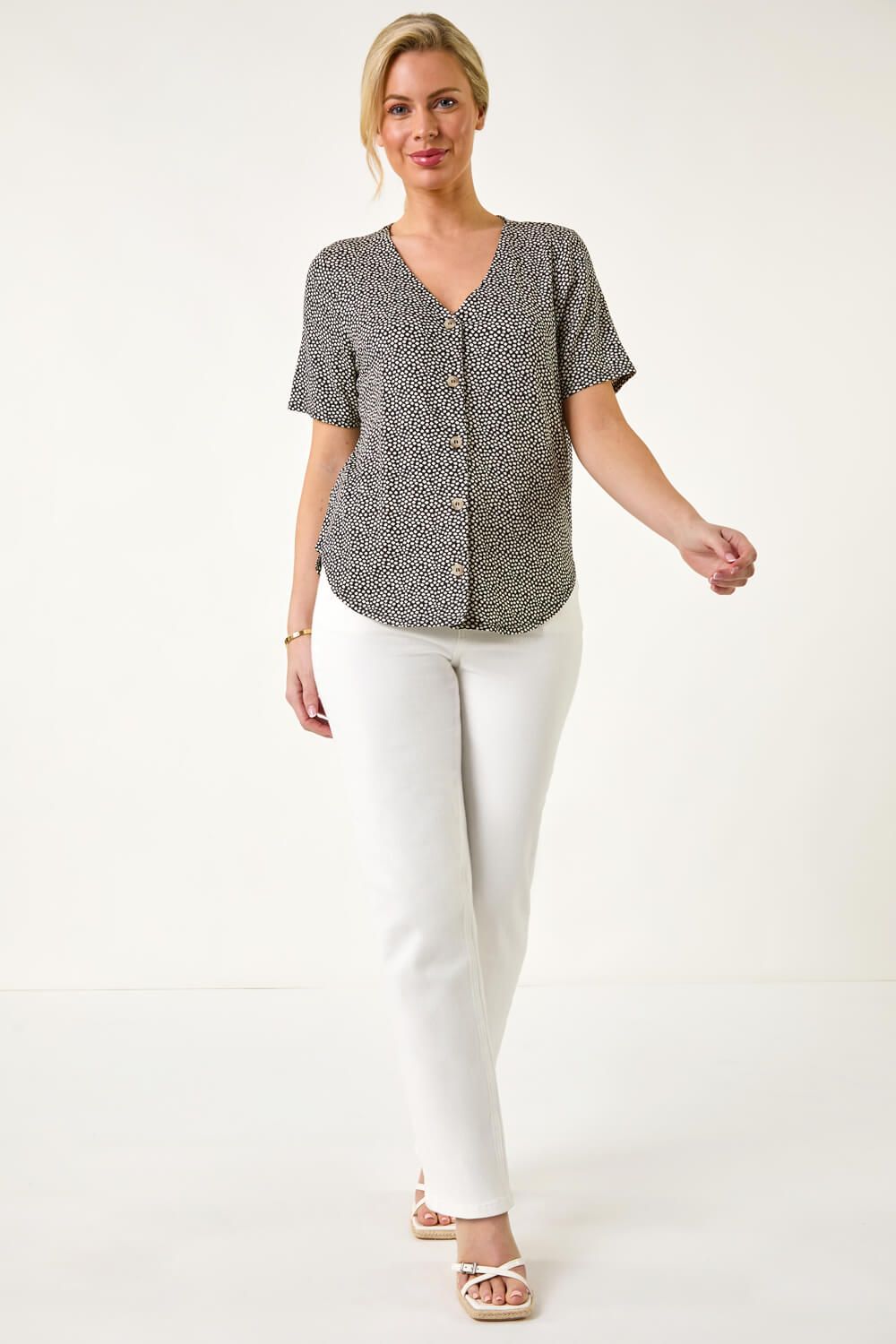 Roman Petite Spot V-Neck Stretch Blouse