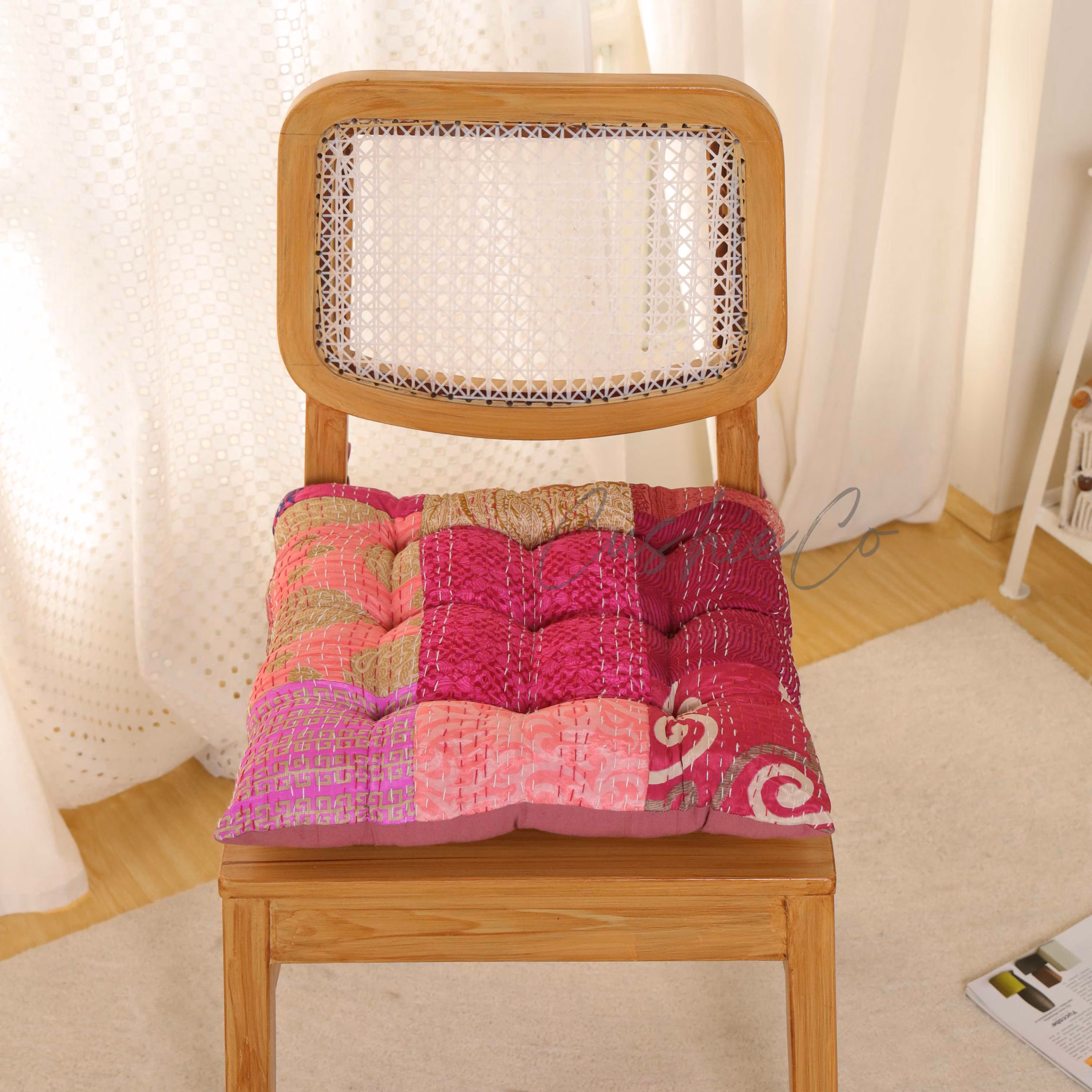 Vintage Kantha Quilted Chair Cushion, Pink Patchwork Seat Cushion, Bohemian Cotton Seat Pad, Handmade Dining Chair Cushion, Cozy Home Decor
