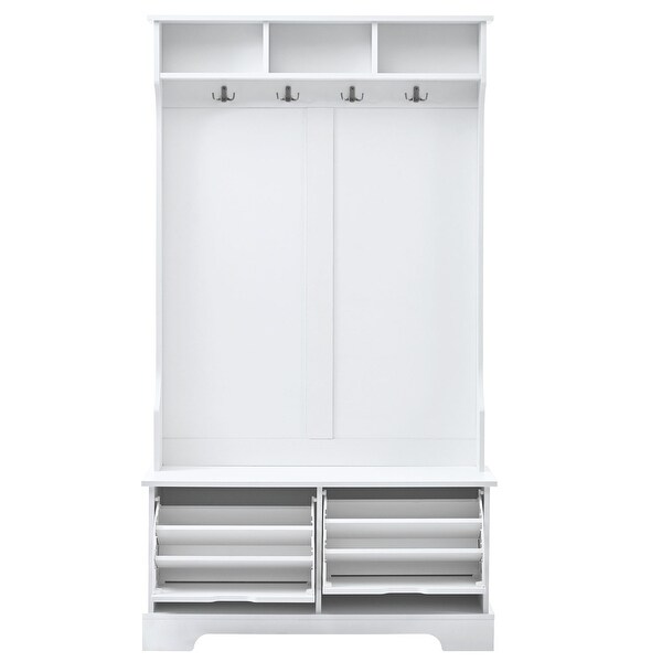 All in a Hall Tree with 3 Top Shelves & 2 Flip Shoe Storage Drawers, Wooden Coat Racks with Storage Bench & Metal Hanging Hooks