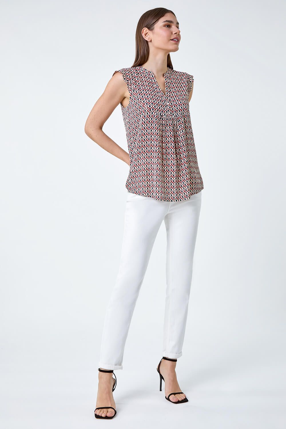 Roman Geometric Print Frill Blouse
