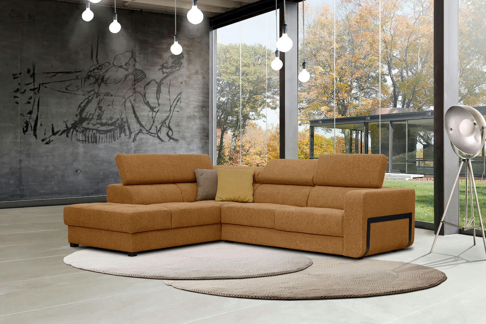 BERGO - Canapé d'angle gauche 5 places en tissu orange avec coussins déco