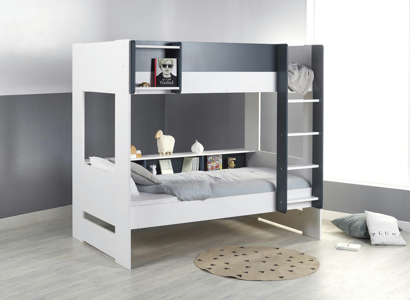 MANLY - Lit superposé avec rangement Blanc Et Bleu