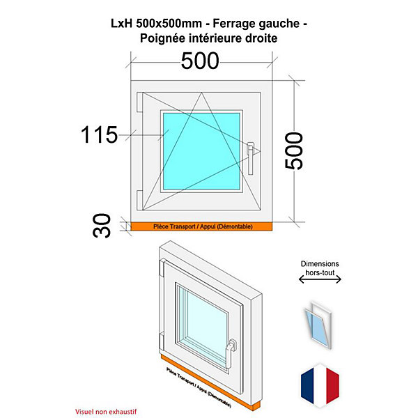Fenêtre PVC - LxH 500x500 mm -Triple Vitrage - Blanc -poignée à droite