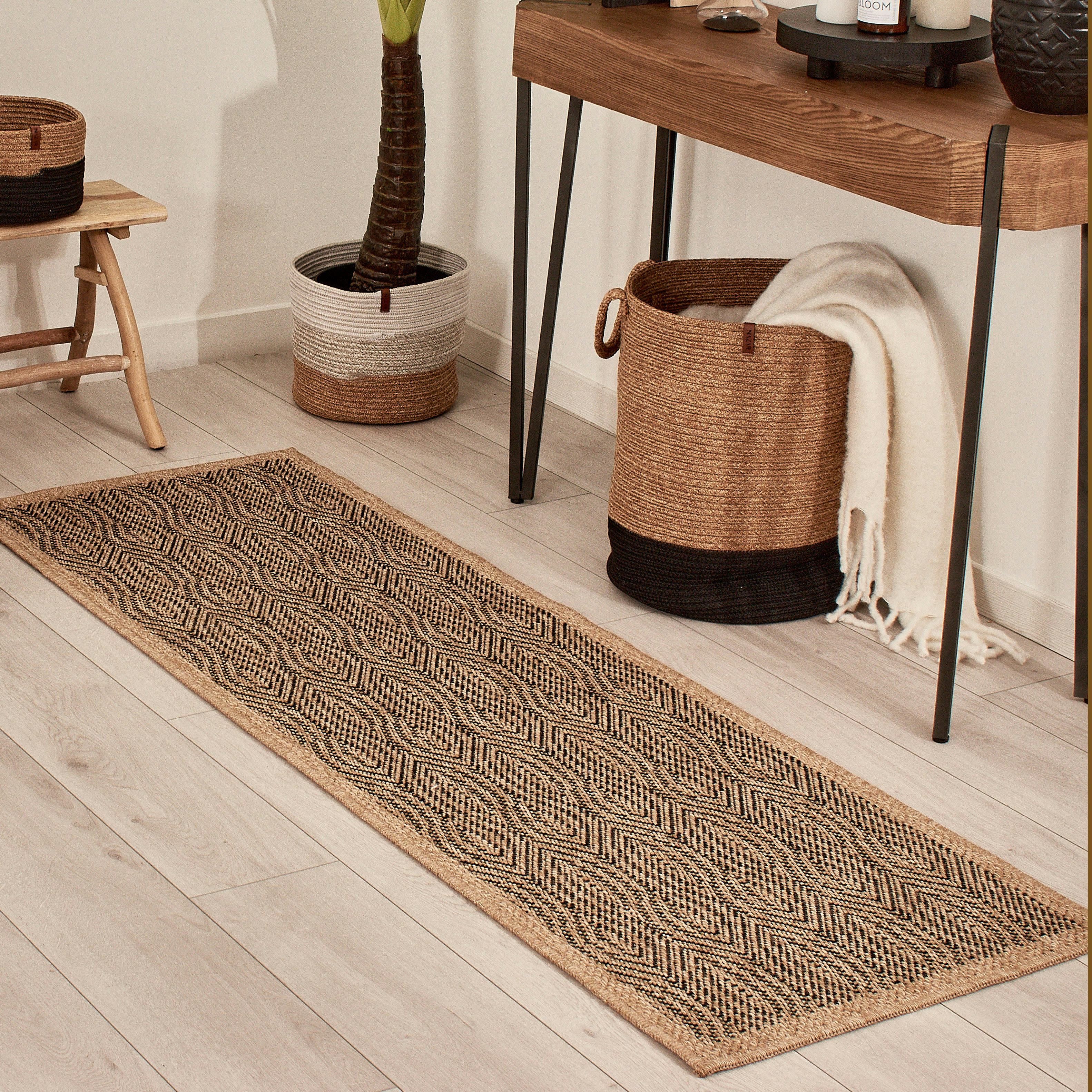 NATURE - Tapis polypropylène aspect jute noir - 60x180 cm