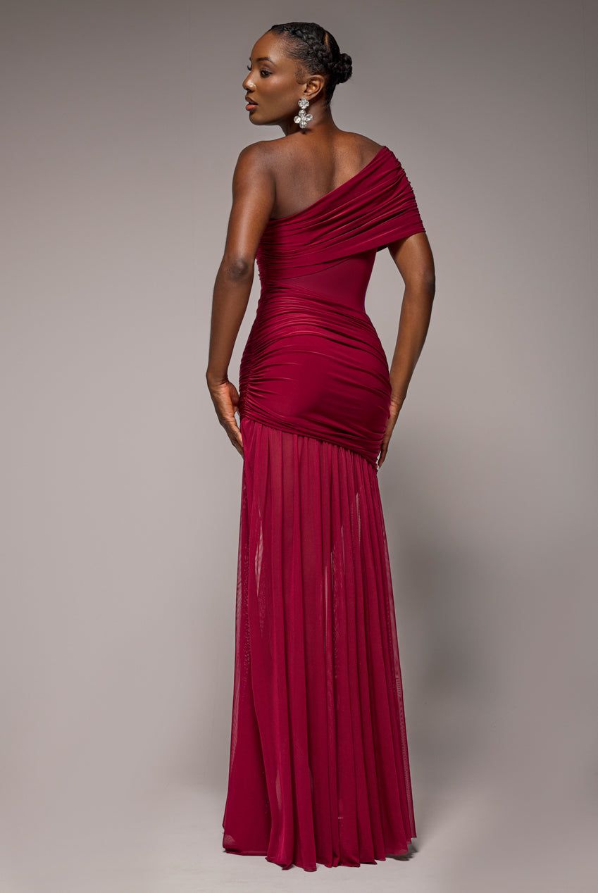 Goddiva Gathered One Shoulder Sheer Panel Maxi Dress